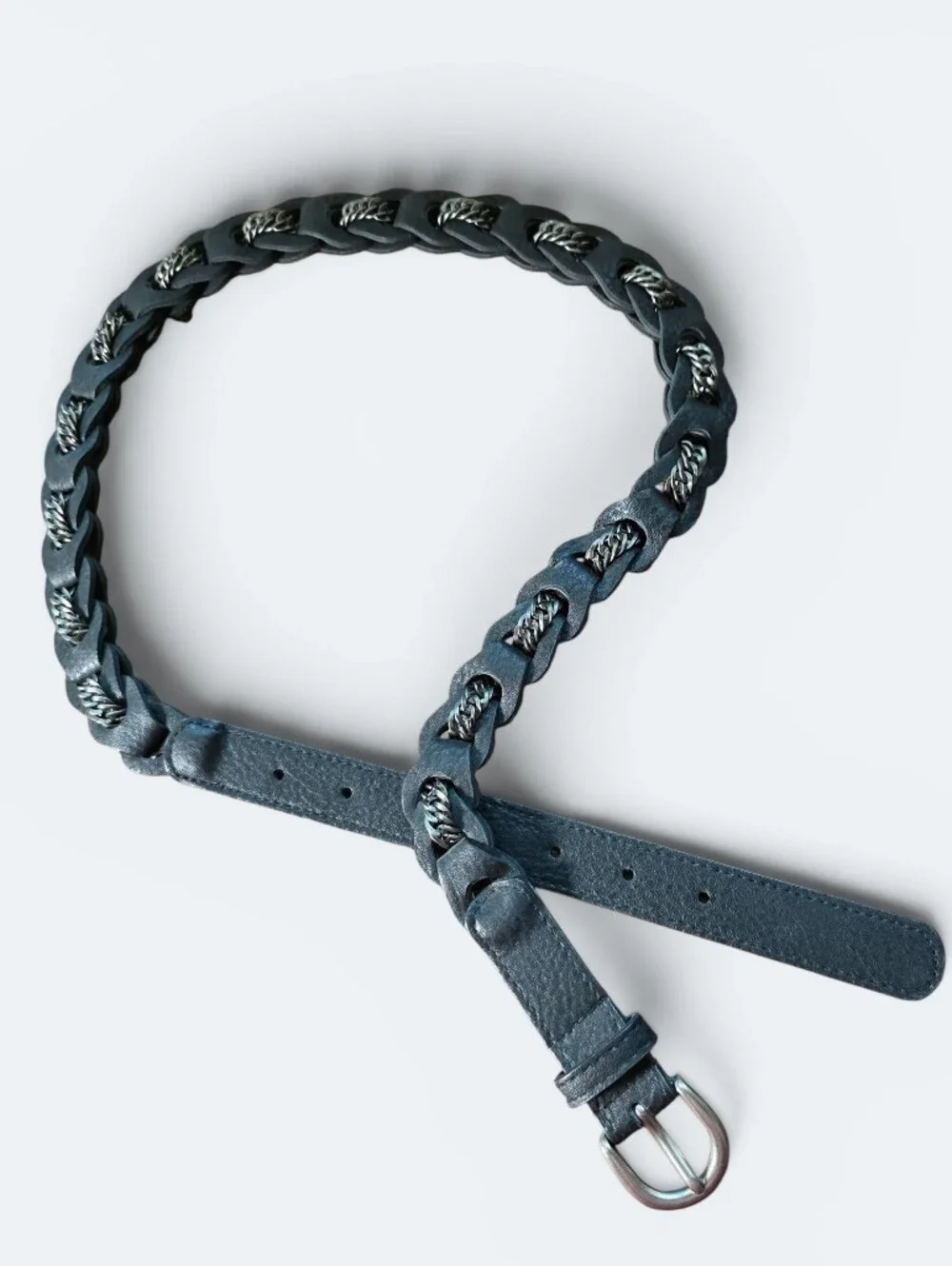 Black Braided Leather & Silver Chain Hybrid Statement Waist Belt